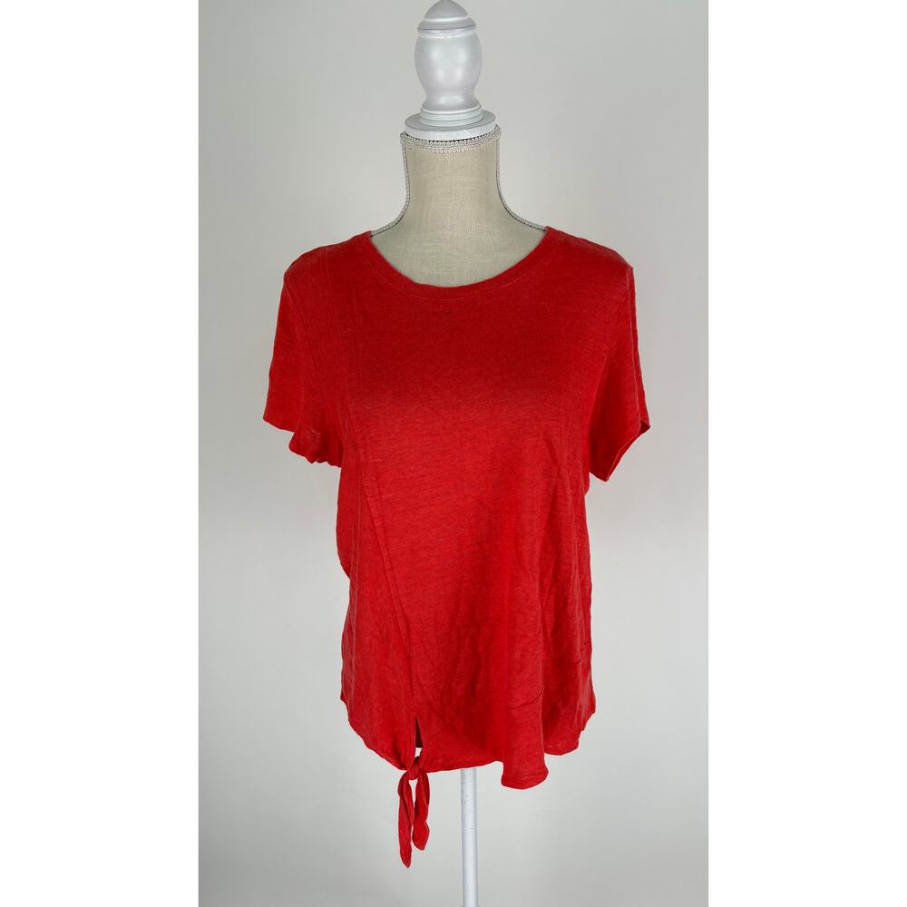 J Jill Love Linen Short Sleeve Shirt Womens Large Petite Red Orange Front Tie - Picture 3 of 10